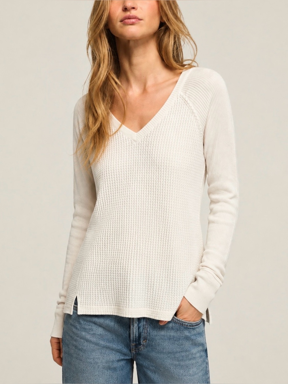 MAEVE PEARSON THERMAL LONG SLEEVE TOP M/L IVORY WAFFLE WEAVE WARM WINTER PREPPY